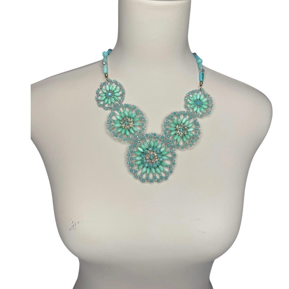 Mint Blue Floral Statement Bib Necklace Beaded Crystal Boho Cottagecore Y2K